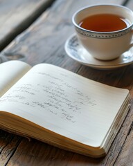 A notebook with scribbled thoughts next to a cup of tea,