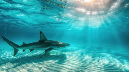 Obraz premium A Lone Shark Swims Through Clear Blue Water With Sunlight Filtering Through the Surface