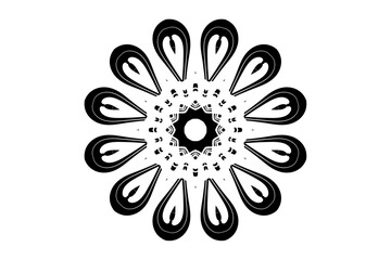 Black mandala with white circles at the center, surrounded by petal shapes and concentric designs on light background
