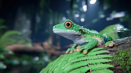 Fototapeta premium Green Tree Frog on Mossy Log in Misty Forest Wildlife Photography
