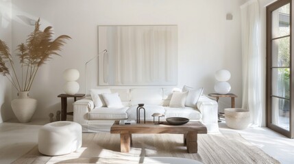 A refined and peaceful living room design featuring a white canvas backdrop, Elegantly placed minimalistic furniture, Coastal chic minimalist style