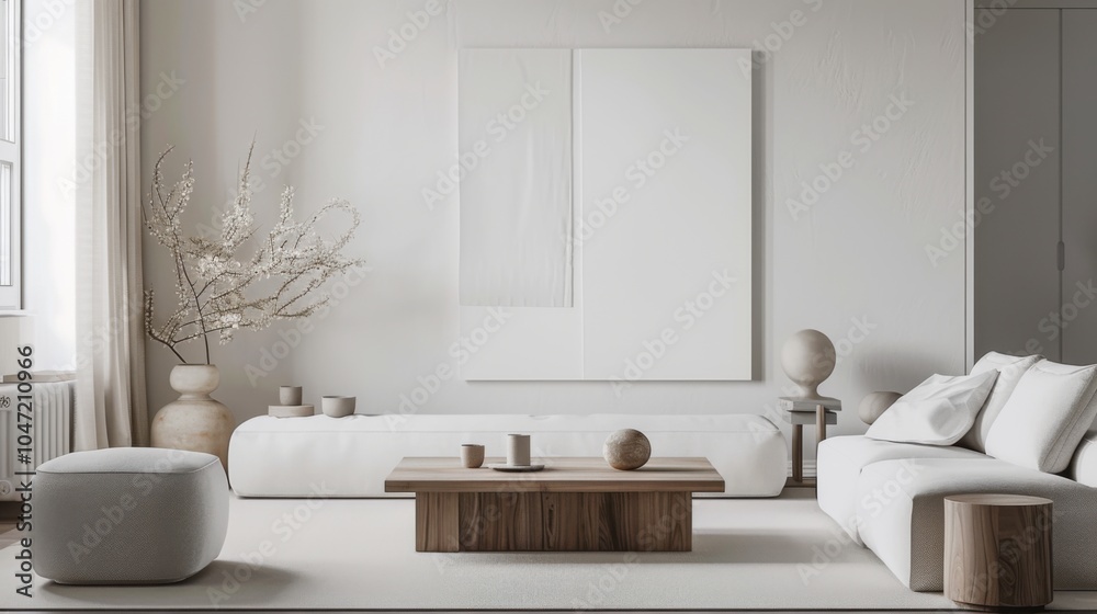 Poster a refined and tranquil living room design featuring a white canvas backdrop, simple furniture arrang