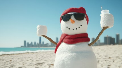 Snowman in sunglasses and scarf standing on beach with city skyline in background