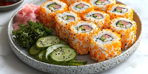A plate of vibrant sushi rolls featuring salmon and avocado, garnished with pickled ginger, fresh cucumbers, and decorative greens, creating an appetizing arrangement.