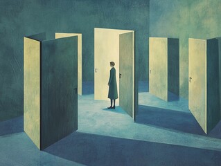 Fototapeta premium A person in a room with doors leading in many directions, symbolizing confusion,