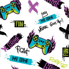 Gamepad pattern with motivation phrases My Game, time to win and play. gamepad with fire track in neon colors on white background. Gaming print for textile, boy clothes, wrapping paper.