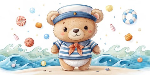 Naklejka premium Adorable Little Bear Dressed as a Sailor Wearing a Navy Hat in a Playful and Cute Setting