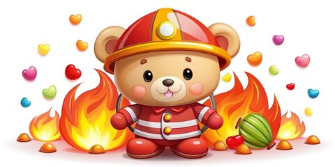 Naklejka premium Adorable Little Bear Dressed as Fireman with Red Helmet Surrounded by Colorful Candy Shapes