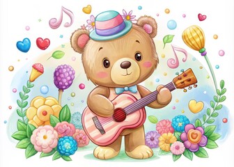 Fototapeta premium Adorable Little Bear Dressed as Musician Holding a Guitar Shaped Like a Colorful Candy Treat