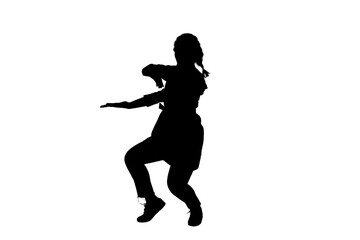 Full length front body black vector silhouette profile of woman doing martial arts in normal clothing on transparent copy space background