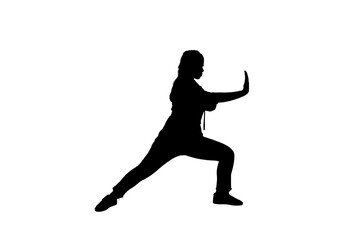 Side full body profile black vector silhouette of woman in martial arts pose in normal clothing on transparent copy space background