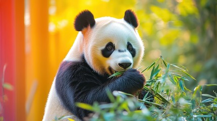 Obraz premium Panda Enjoying Bamboo in the Zoo Environment