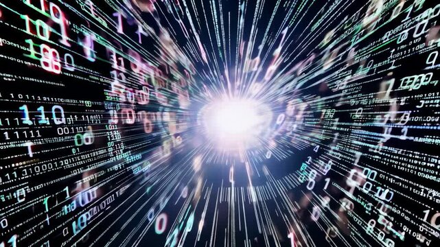 Binary Code Explosion: Light Streaks and Numbers Radiating on a Black Background