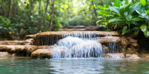 Tranquil Waterfall in Lush Green Forest  Nature  Serenity  Tropical Paradise  Scenic Lands
