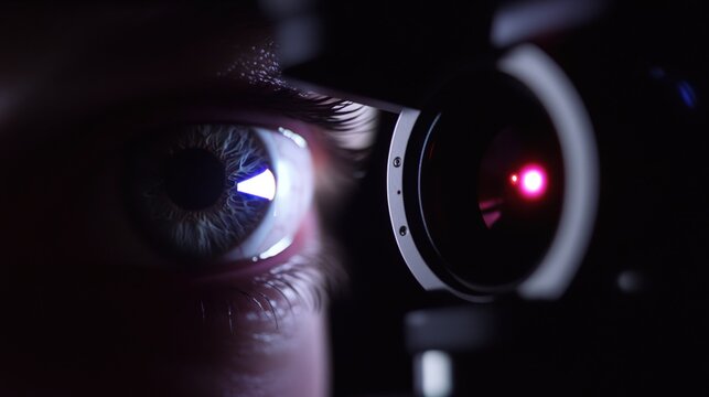 Close-up of a human eye with a camera lens reflection