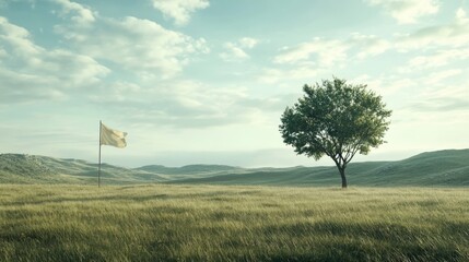 . A calm field with a lone tree and a flag gently blowing in the wind