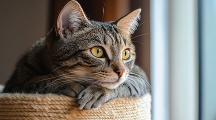 Fototapeta premium A cat resting on top of an unused scratching post, gazing into the distance. The pet's quiet demeanor reflects the loneliness of an empty house.