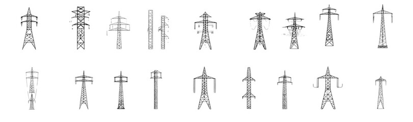 Thin line icon set of electric towers. Power pole, electric, and pylon icon symbols. Modern design.