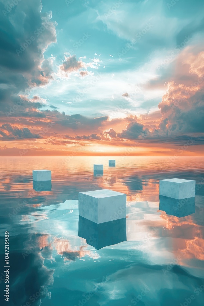 Poster a group of cubes floating on the surface of calm water, suitable for use in scientific or educationa