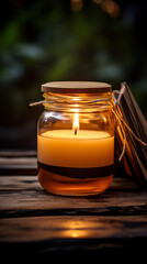 Burning Candle in Glass Jar with Wooden Lid on Wooden Table