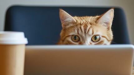 A lonely cat staring at a closed laptop, with empty coffee cups on the table nearby. The pet is left alone while the owner is away at work.