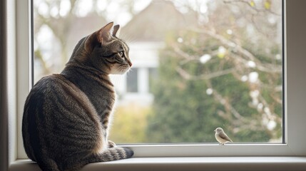 A lonely cat perched on a windowsill, watching birds outside. The empty home behind the cat emphasizes its solitude and boredom while waiting for companionship.