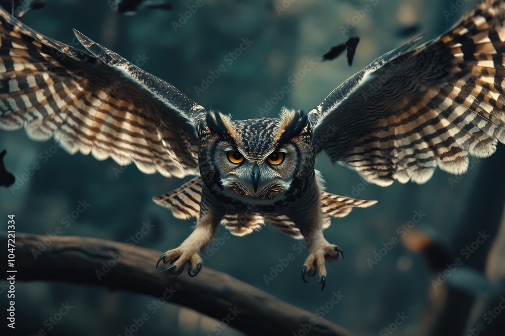 Poster a flying owl perched on a tree branch in the forest