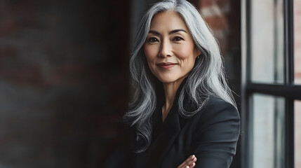 confident middle aged woman with long gray hair smiles warmly, showcasing her professional demeanor in stylish black suit. soft lighting highlights her features beautifully