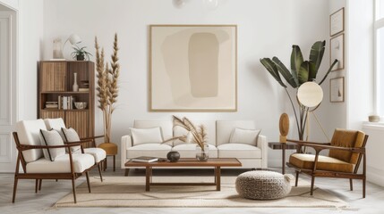 A retro mid-century modern living room design adorned with a white canvas backdrop, Styled with minimalist vintage furniture arrangements, Retro mid-century modern minimalist style