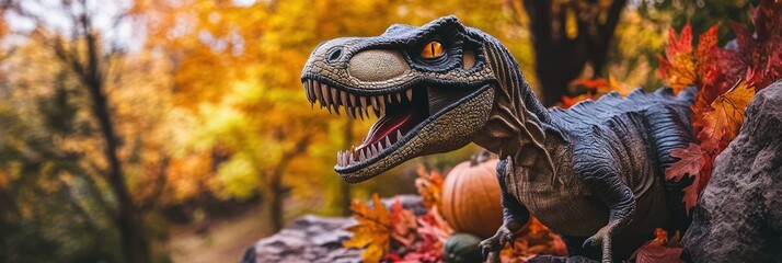 Ferocious dinosaur model in an autumnal forest setting