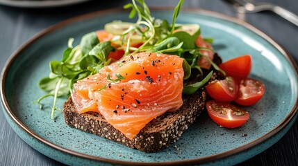 A nutritious combination of dark bread, salmon, and veggies on a blue plate. The sophisticated kitchen background highlights the freshness and simplicity of the meal.