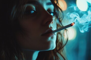 Obraz premium A woman lights up a cigarette in a dimly lit space