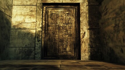 Obraz premium Ornate ancient egyptian door with hieroglyphic carvings in a dark stone hallway