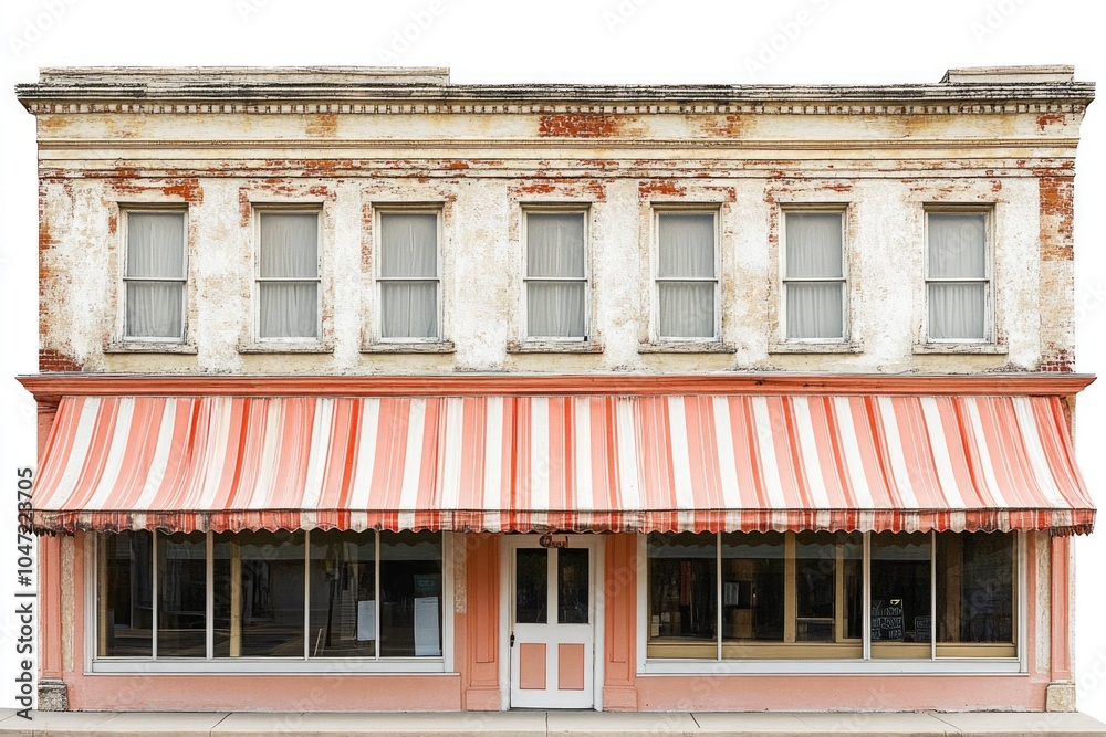 Poster a vintage-style building with a bright red awning, perfect for use in nostalgic or retro-themed desi