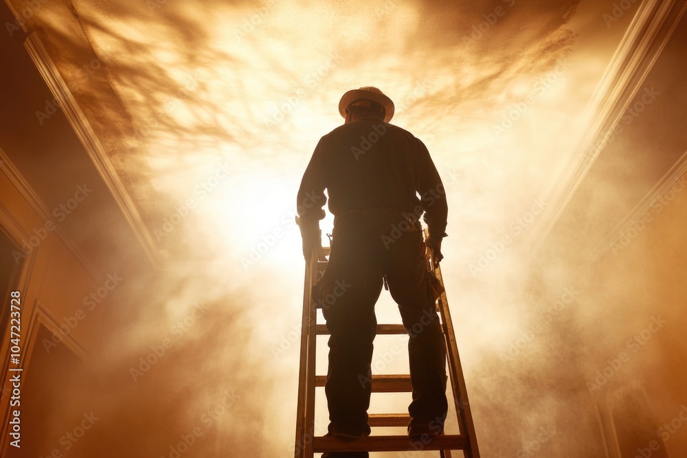 Poster a person standing on a ladder in a room, possibly working or fixing something
