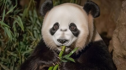 Obraz premium Panda Enjoying Bamboo at the Zoo