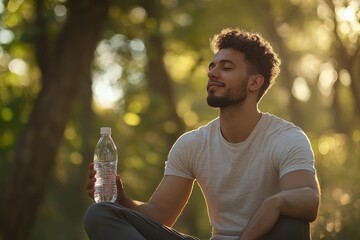 A person sitting on the ground holding a bottle of water