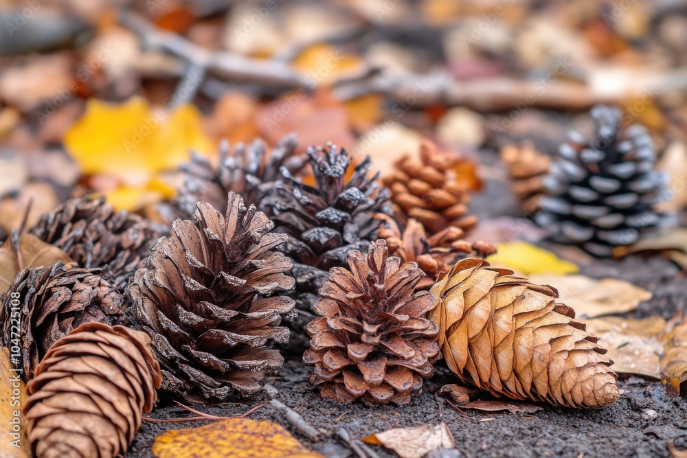 Poster a collection of pine cones gathered on the forest floor