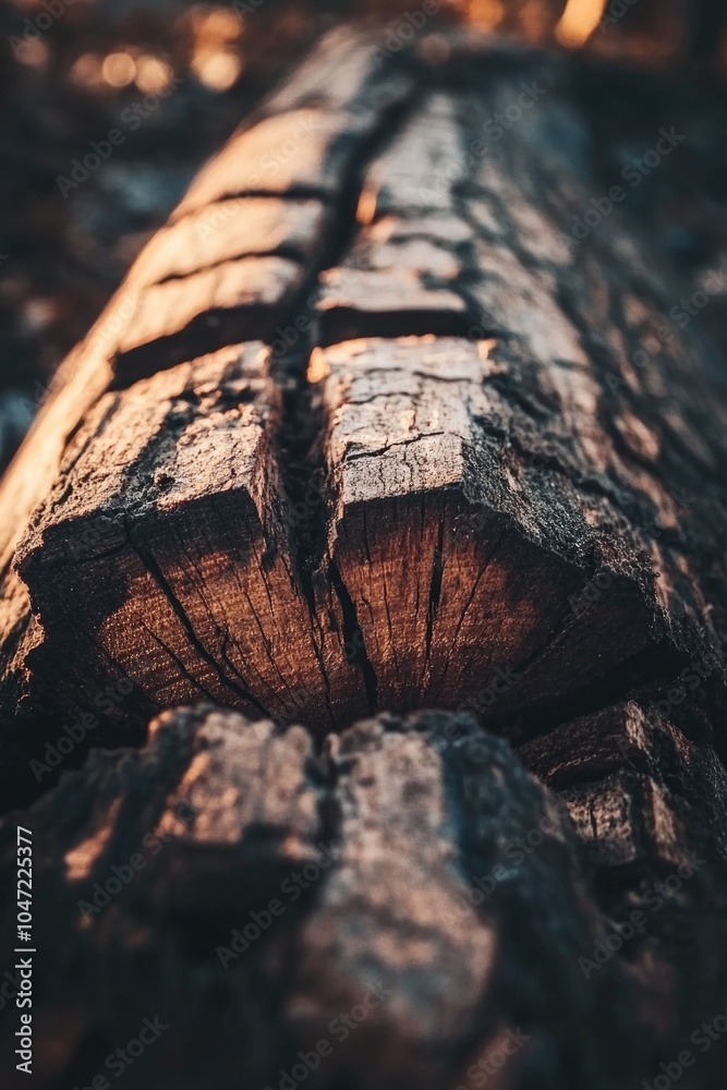 Poster close-up shot of a tree trunk, with rough bark and visible rings