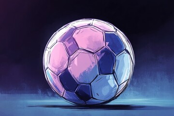 A purple and blue soccer ball on a blue surface, ideal for sports or design related uses