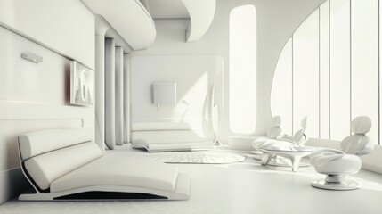A retro-futuristic space-age living room design featuring a white canvas backdrop, Adorned with minimalist retro-futuristic furniture arrangements, Retro-futuristic minimalist style