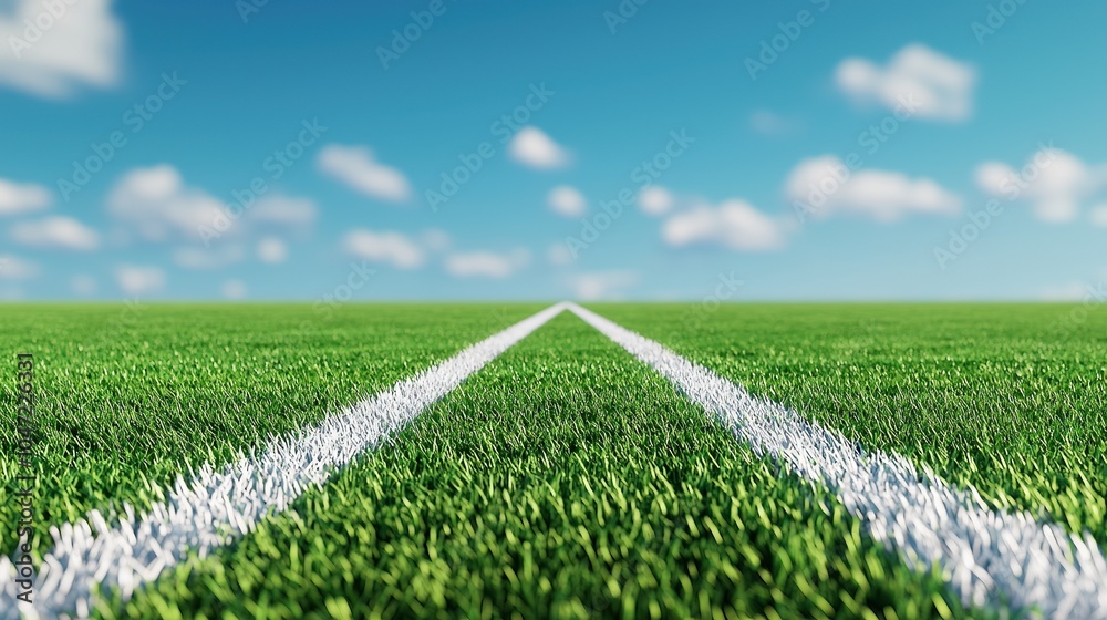 Wall mural a vibrant green sports field with clear blue skies and a white line marking the center, perfect for 