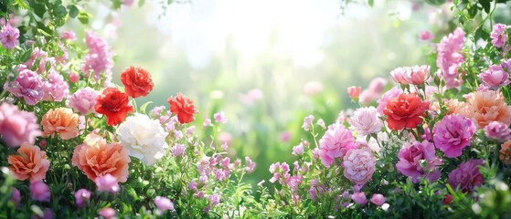 Fototapeta premium A vibrant garden scene filled with blooming roses and colorful flowers under soft sunlight.