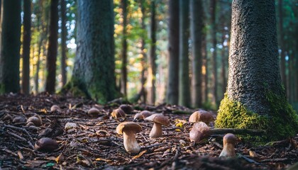 un bosque con arboles grandes y boletus en el suelo