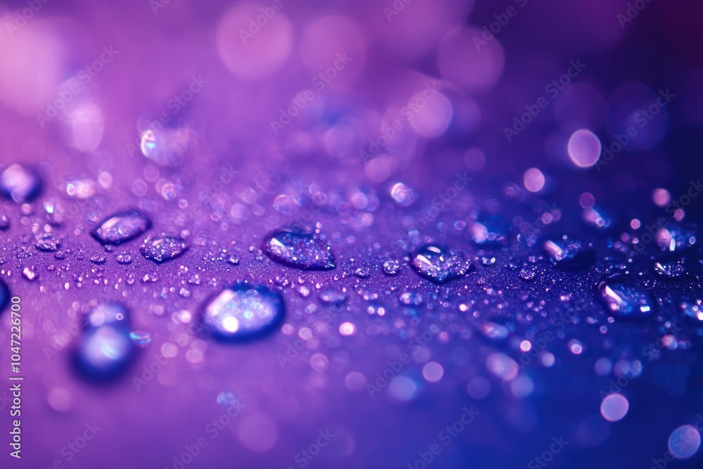 Poster close-up view of water droplets on a purple surface, ideal for use in scientific or technology-relat