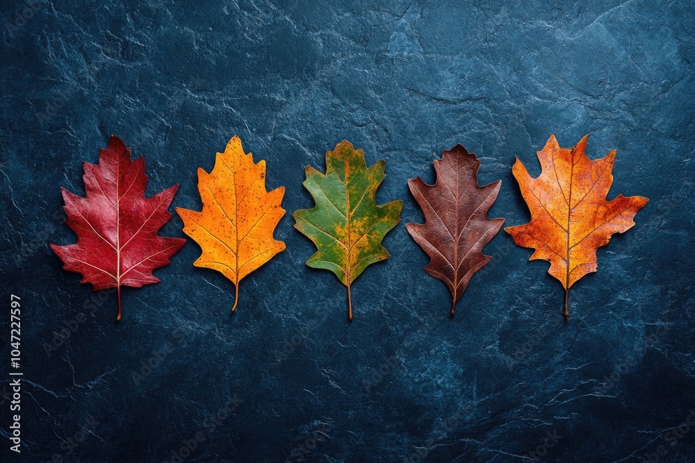 Poster a close-up shot of four distinct leaves in various colors on a blue surface