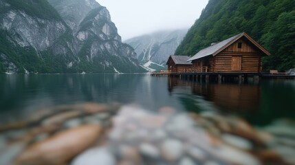 Obraz premium Wooden Cabin on Still Mountain Lake with Scenic View