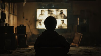 A person sitting in a dark room with war images flashing in their mind,