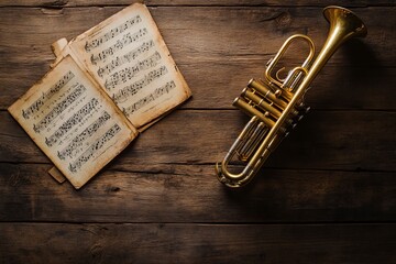Fototapeta premium Trumpet and music sheets on wooden table, top view .generative ai