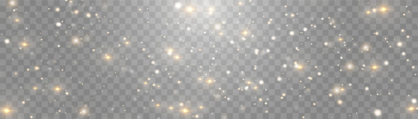 Magical light dust, dusty shine. Flying particles of light. Christmas light effect. Sparkling particles of fairy dust glow in transparent background. Vector illustration on png.